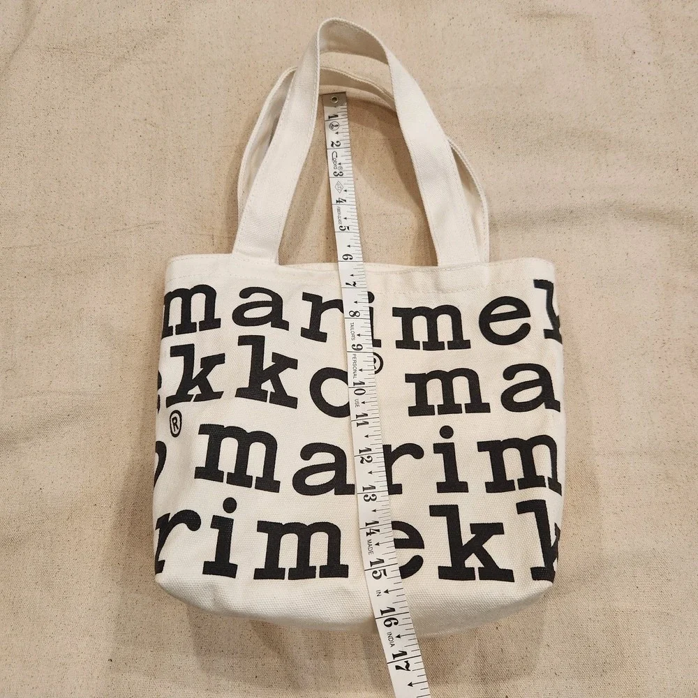 New Marimekko Canvas Tote Bag White Black Logo Lettering Print Small Mini